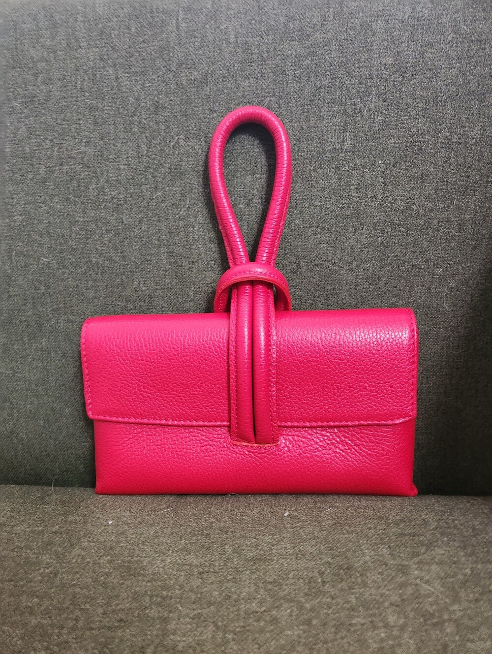Genuine Italian Leather Red Knot-Handle Wristlet Clutch